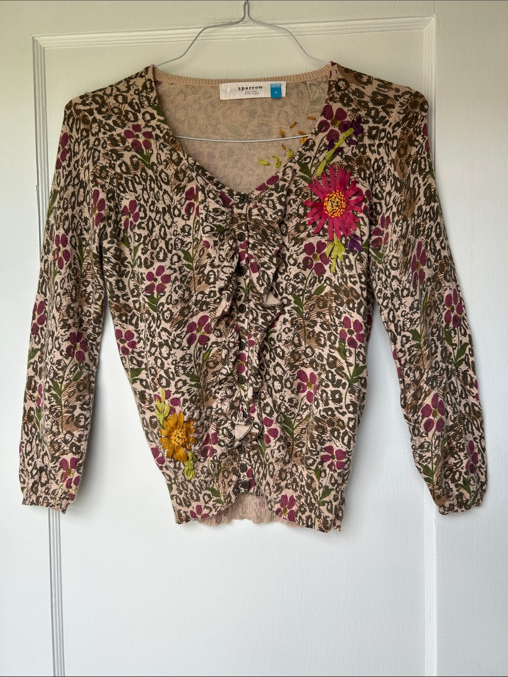 sparrow Beige Cardigan with Pink & Green Floral Accents - Small